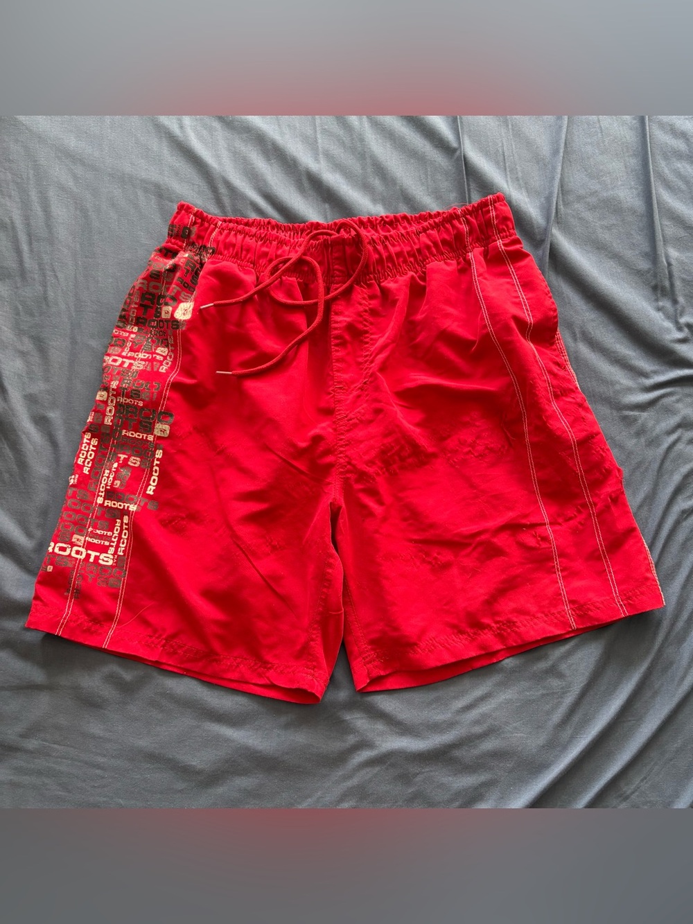 Red Drawstring Swim Trunks with Side Graphic Panel
